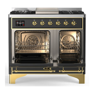 ILVE Majestic III 40-Inch Dual Fuel Range with 6 Sealed Burners + Griddle, 3.82 cu. ft. Oven, Matte Graphite with Brass Trim, Liquid Propane, Solid Door, UMD40FQNR3MGGLP