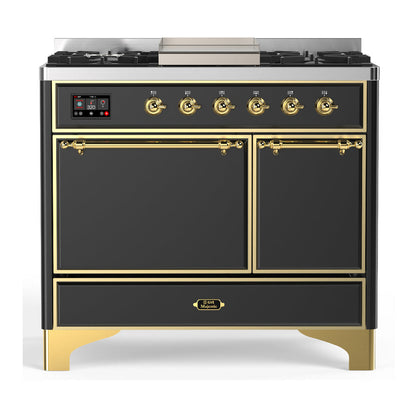 ILVE Majestic III 40-Inch Dual Fuel Range with 6 Sealed Burners + Griddle, 3.82 cu. ft. Oven, Matte Graphite with Brass Trim, Natural Gas, Solid Door, UMD40FQNR3MGG