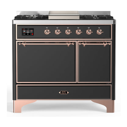 ILVE Majestic III 40-Inch Dual Fuel Range with 6 Sealed Burners + Griddle, 3.82 cu. ft. Oven, Matte Graphite with Copper Trim, Liquid Propane, Solid Door, UMD40FQNR3MGPLP
