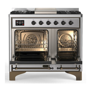 ILVE Majestic III 40-Inch Dual Fuel Range with 6 Sealed Burners + Griddle, 3.82 cu. ft. Oven, Stainless Steel with Burnished Trim, Liquid Propane, Solid Door, UMD40FQNR3SSBLP