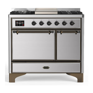 ILVE Majestic III 40-Inch Dual Fuel Range with 6 Sealed Burners + Griddle, 3.82 cu. ft. Oven, Stainless Steel with Burnished Trim, Liquid Propane, Solid Door, UMD40FQNR3SSBLP