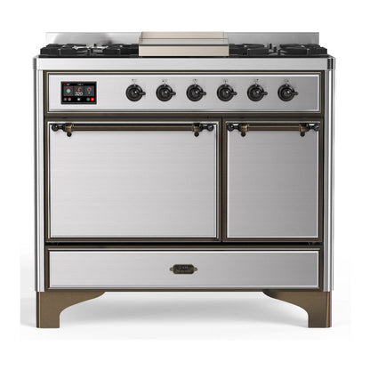 ILVE Majestic III 40-Inch Dual Fuel Range with 6 Sealed Burners + Griddle, 3.82 cu. ft. Oven, Stainless Steel with Burnished Trim, Natural Gas, Solid Door, UMD40FQNR3SSB