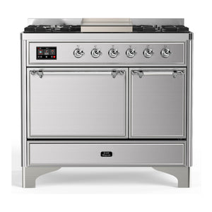 ILVE Majestic III 40-Inch Dual Fuel Range with 6 Sealed Burners + Griddle, 3.82 cu. ft. Oven, Stainless Steel with Chrome Trim, Natural Gas, Solid Door, UMD40FQNR3SSC