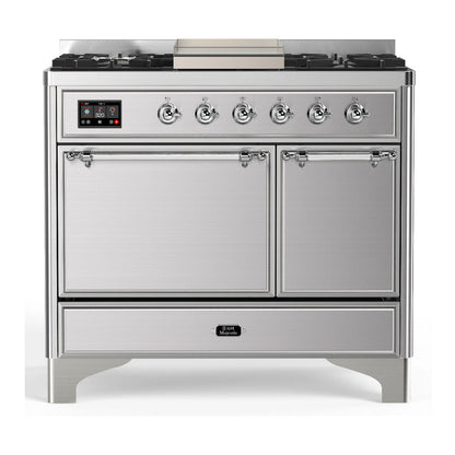 ILVE Majestic III 40-Inch Dual Fuel Range with 6 Sealed Burners + Griddle, 3.82 cu. ft. Oven, Stainless Steel with Chrome Trim, Natural Gas, Solid Door, UMD40FQNR3SSC