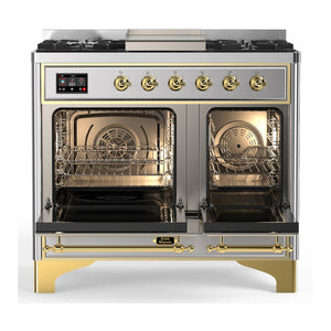 ILVE Majestic III 40-Inch Dual Fuel Range with 6 Sealed Burners + Griddle, 3.82 cu. ft. Oven, Stainless Steel with Brass Trim, Natural Gas, Solid Door, UMD40FQNR3SSG