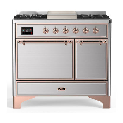 ILVE Majestic III 40-Inch Dual Fuel Range with 6 Sealed Burners + Griddle, 3.82 cu. ft. Oven, Stainless Steel with Copper Trim, Liquid Propane, Solid Door, UMD40FQNR3SSPLP