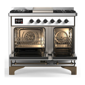 ILVE Majestic III 40-Inch Dual Fuel Range with 6 Sealed Burners + Griddle, 3.82 cu. ft. Oven, White with Burnished Trim, Liquid Propane, Solid Door, UMD40FQNR3WHBLP