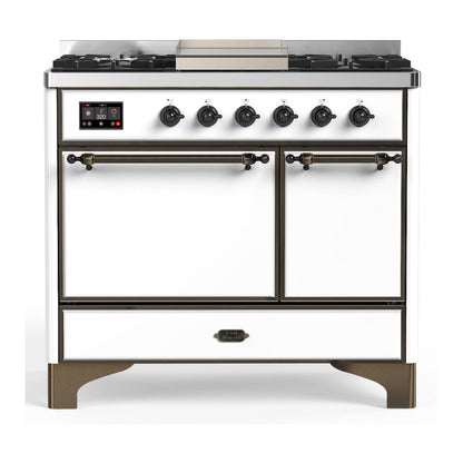 ILVE Majestic III 40-Inch Dual Fuel Range with 6 Sealed Burners + Griddle, 3.82 cu. ft. Oven, White with Burnished Trim, Natural Gas, Solid Door, UMD40FQNR3WHB