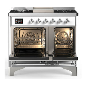ILVE Majestic III 40-Inch Dual Fuel Range with 6 Sealed Burners + Griddle, 3.82 cu. ft. Oven, White with Chrome Trim, Liquid Propane, Solid Door, UMD40FQNR3WHCLP