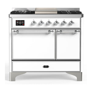 ILVE Majestic III 40-Inch Dual Fuel Range with 6 Sealed Burners + Griddle, 3.82 cu. ft. Oven, White with Chrome Trim, Liquid Propane, Solid Door, UMD40FQNR3WHCLP