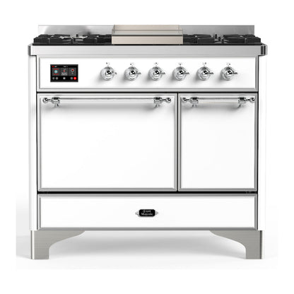 ILVE Majestic III 40-Inch Dual Fuel Range with 6 Sealed Burners + Griddle, 3.82 cu. ft. Oven, White with Chrome Trim, Liquid Propane, Solid Door, UMD40FQNR3WHCLP
