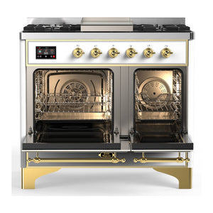 ILVE Majestic III 40-Inch Dual Fuel Range with 6 Sealed Burners + Griddle, 3.82 cu. ft. Oven, White with Brass Trim, Liquid Propane, Solid Door, UMD40FQNR3WHGLP
