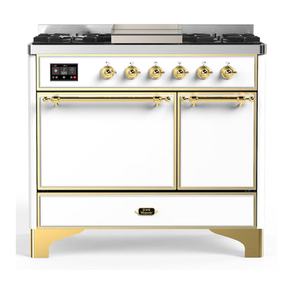 ILVE Majestic III 40-Inch Dual Fuel Range with 6 Sealed Burners + Griddle, 3.82 cu. ft. Oven, White with Brass Trim, Liquid Propane, Solid Door, UMD40FQNR3WHGLP