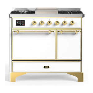 ILVE Majestic III 40-Inch Dual Fuel Range with 6 Sealed Burners + Griddle, 3.82 cu. ft. Oven, White with Brass Trim, Natural Gas, Solid Door, UMD40FQNR3WHG