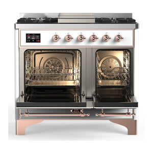 ILVE Majestic III 40-Inch Dual Fuel Range with 6 Sealed Burners + Griddle, 3.82 cu. ft. Oven, White with Copper Trim, Liquid Propane, Solid Door, UMD40FQNR3WHPLP