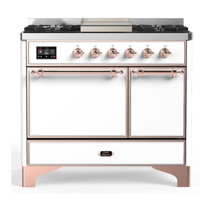 ILVE Majestic III 40-Inch Dual Fuel Range with 6 Sealed Burners + Griddle, 3.82 cu. ft. Oven, White with Copper Trim, Liquid Propane, Solid Door, UMD40FQNR3WHPLP