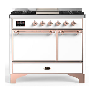 ILVE Majestic III 40-Inch Dual Fuel Range with 6 Sealed Burners + Griddle, 3.82 cu. ft. Oven, White with Copper Trim, Natural Gas, Solid Door, UMD40FQNR3WHP