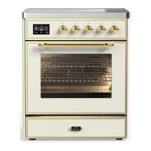 ILVE Majestic III 30-Inch Induction Range with 4 Induction Elements, 4 cu. ft. Oven, Antique White with Brass Trim, Triple Glass Door, UMIB30NR3AWG