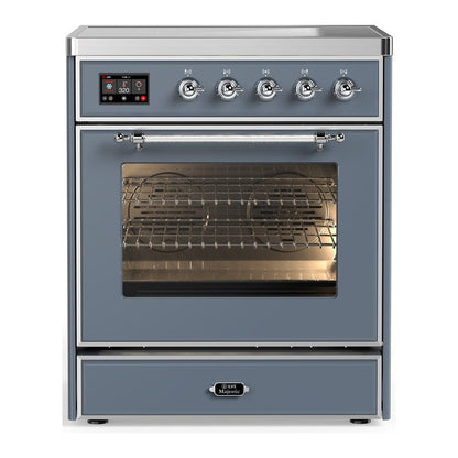 ILVE Majestic III 30-Inch Induction Range with 4 Induction Elements, 4 cu. ft. Oven, Blue Grey with Chrome Trim, Triple Glass Door, UMIB30NR3BGC
