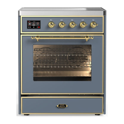 ILVE Majestic III 30-Inch Induction Range with 4 Induction Elements, 4 cu. ft. Oven, Blue Grey with Brass Trim, Triple Glass Door, UMIB30NR3BGG