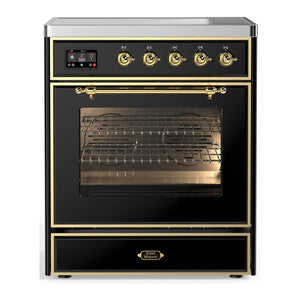 ILVE Majestic III 30-Inch Induction Range with 4 Induction Elements, 4 cu. ft. Oven, Glossy Black with Brass Trim, Triple Glass Door, UMIB30NR3BKG