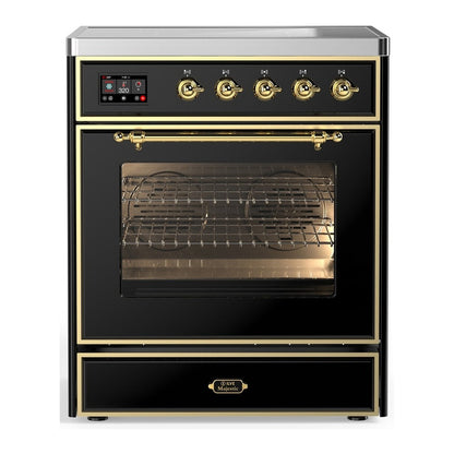 ILVE Majestic III 30-Inch Induction Range with 4 Induction Elements, 4 cu. ft. Oven, Glossy Black with Brass Trim, Triple Glass Door, UMIB30NR3BKG