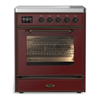 ILVE Majestic III 30-Inch Induction Range with 4 Induction Elements, 4 cu. ft. Oven, Burgundy with Burnished Trim, Triple Glass Door, UMIB30NR3BUB