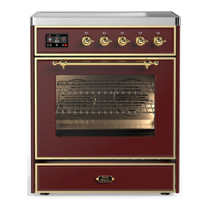 ILVE Majestic III 30-Inch Induction Range with 4 Induction Elements, 4 cu. ft. Oven, Burgundy with Brass Trim, Triple Glass Door, UMIB30NR3BUG