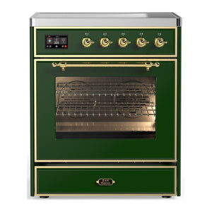 ILVE Majestic III 30-Inch Induction Range with 4 Induction Elements, 4 cu. ft. Oven, Emerald Green with Brass Trim, Triple Glass Door, UMIB30NR3EGG