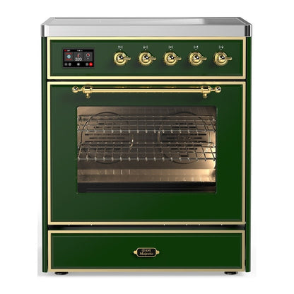ILVE Majestic III 30-Inch Induction Range with 4 Induction Elements, 4 cu. ft. Oven, Emerald Green with Brass Trim, Triple Glass Door, UMIB30NR3EGG