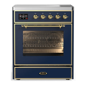 ILVE Majestic III 30-Inch Induction Range with 4 Induction Elements, 4 cu. ft. Oven, Mightnight Blue with Brass Trim, Triple Glass Door, UMIB30NR3MBG