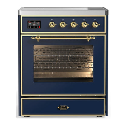 ILVE Majestic III 30-Inch Induction Range with 4 Induction Elements, 4 cu. ft. Oven, Mightnight Blue with Brass Trim, Triple Glass Door, UMIB30NR3MBG