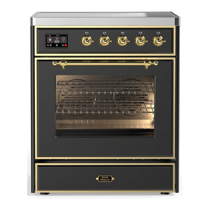 ILVE Majestic III 30-Inch Induction Range with 4 Induction Elements, 4 cu. ft. Oven, Matte Graphite with Brass Trim, Triple Glass Door, UMIB30NR3MGG
