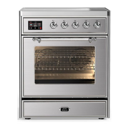 ILVE Majestic III 30-Inch Induction Range with 4 Induction Elements, 4 cu. ft. Oven, Stainless Steel with Chrome Trim, Triple Glass Door, UMIB30NR3SSC