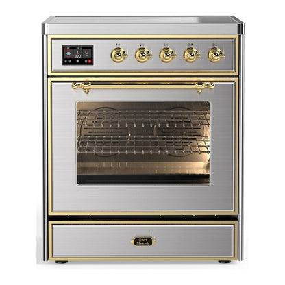 ILVE Majestic III 30-Inch Induction Range with 4 Induction Elements, 4 cu. ft. Oven, Stainless Steel with Brass Trim, Triple Glass Door, UMIB30NR3SSG