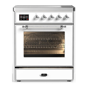 ILVE Majestic III 30-Inch Induction Range with 4 Induction Elements, 4 cu. ft. Oven, White with Chrome Trim, Triple Glass Door, UMIB30NR3WHC