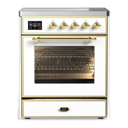 ILVE Majestic III 30-Inch Induction Range with 4 Induction Elements, 4 cu. ft. Oven, White with Brass Trim, Triple Glass Door, UMIB30NR3WHG