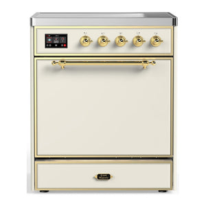 ILVE Majestic III 30-Inch Induction Range with 4 Induction Elements, 4 cu. ft. Oven, Antique White with Brass Trim, Solid Door, UMIB30QNR3AWG