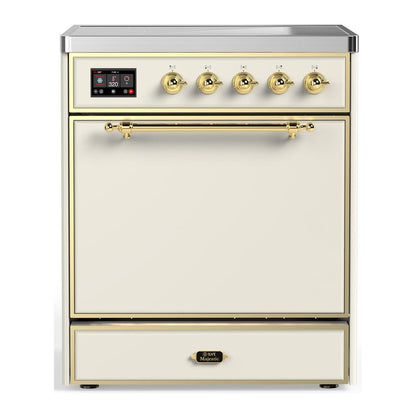 ILVE Majestic III 30-Inch Induction Range with 4 Induction Elements, 4 cu. ft. Oven, Antique White with Brass Trim, Solid Door, UMIB30QNR3AWG