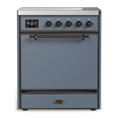 ILVE Majestic III 30-Inch Induction Range with 4 Induction Elements, 4 cu. ft. Oven, Blue Grey with Burnished Trim, Solid Door, UMIB30QNR3BGB