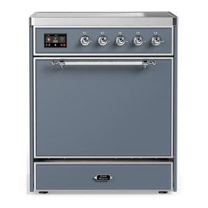 ILVE Majestic III 30-Inch Induction Range with 4 Induction Elements, 4 cu. ft. Oven, Blue Grey with Chrome Trim, Solid Door, UMIB30QNR3BGC