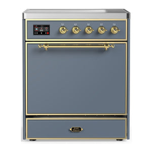 ILVE Majestic III 30-Inch Induction Range with 4 Induction Elements, 4 cu. ft. Oven, Blue Grey with Brass Trim, Solid Door, UMIB30QNR3BGG