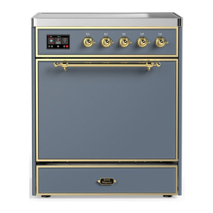 ILVE Majestic III 30-Inch Induction Range with 4 Induction Elements, 4 cu. ft. Oven, Blue Grey with Brass Trim, Solid Door, UMIB30QNR3BGG