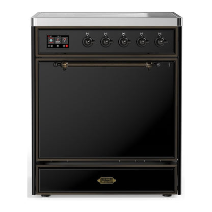 ILVE Majestic III 30-Inch Induction Range with 4 Induction Elements, 4 cu. ft. Oven, Glossy Black with Burnished Trim, Solid Door, UMIB30QNR3BKB