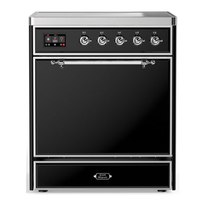 ILVE Majestic III 30-Inch Induction Range with 4 Induction Elements, 4 cu. ft. Oven, Glossy Black with Chrome Trim, Solid Door, UMIB30QNR3BKC
