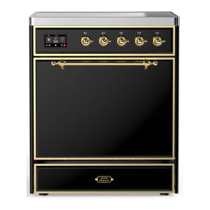 ILVE Majestic III 30-Inch Induction Range with 4 Induction Elements, 4 cu. ft. Oven, Glossy Black with Brass Trim, Solid Door, UMIB30QNR3BKG