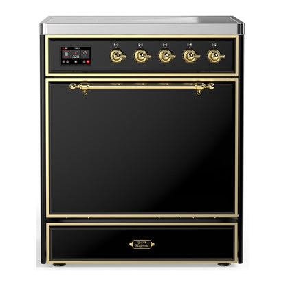 ILVE Majestic III 30-Inch Induction Range with 4 Induction Elements, 4 cu. ft. Oven, Glossy Black with Brass Trim, Solid Door, UMIB30QNR3BKG