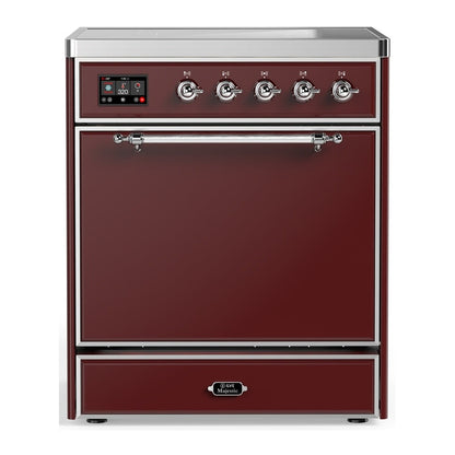 ILVE Majestic III 30-Inch Induction Range with 4 Induction Elements, 4 cu. ft. Oven, Burgundy with Chrome Trim, Solid Door, UMIB30QNR3BUC
