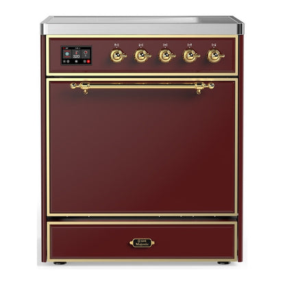 ILVE Majestic III 30-Inch Induction Range with 4 Induction Elements, 4 cu. ft. Oven, Burgundy with Brass Trim, Solid Door, UMIB30QNR3BUG