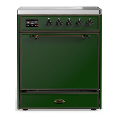 ILVE Majestic III 30-Inch Induction Range with 4 Induction Elements, 4 cu. ft. Oven, Emerald Green with Burnished Trim, Solid Door, UMIB30QNR3EGB